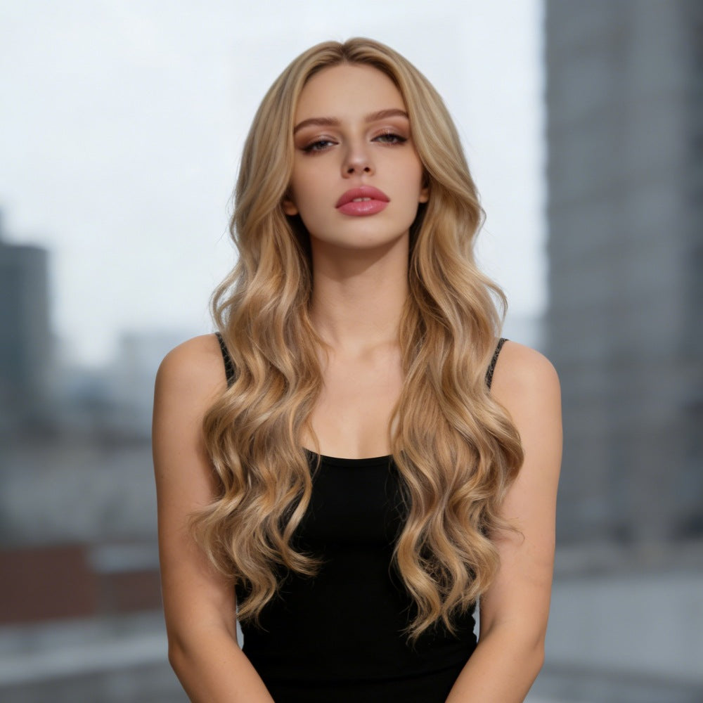 Long Curly Synthetic Wigs in blonde with a center part, long voluminous waves, and a natural-looking texture