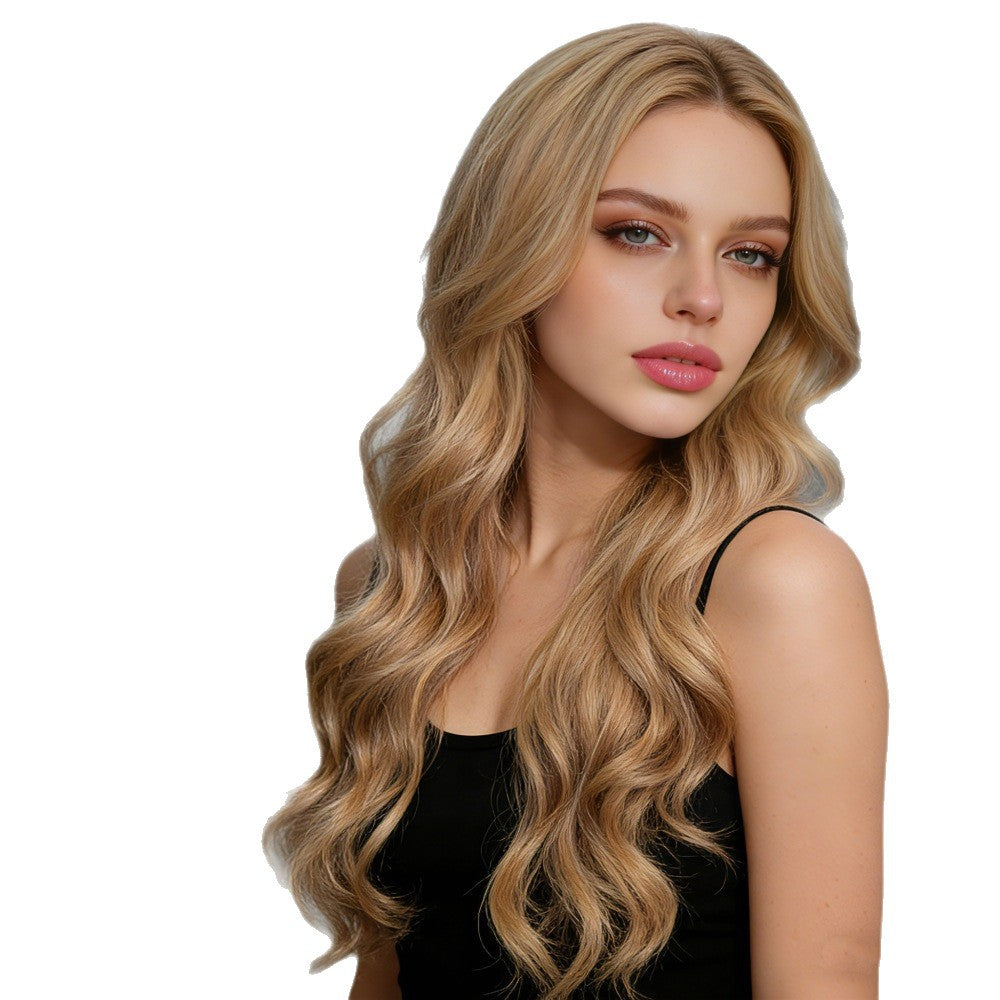 Long Curly Synthetic Wigs in warm blonde with a center part, soft layered waves, and a long, voluminous style.