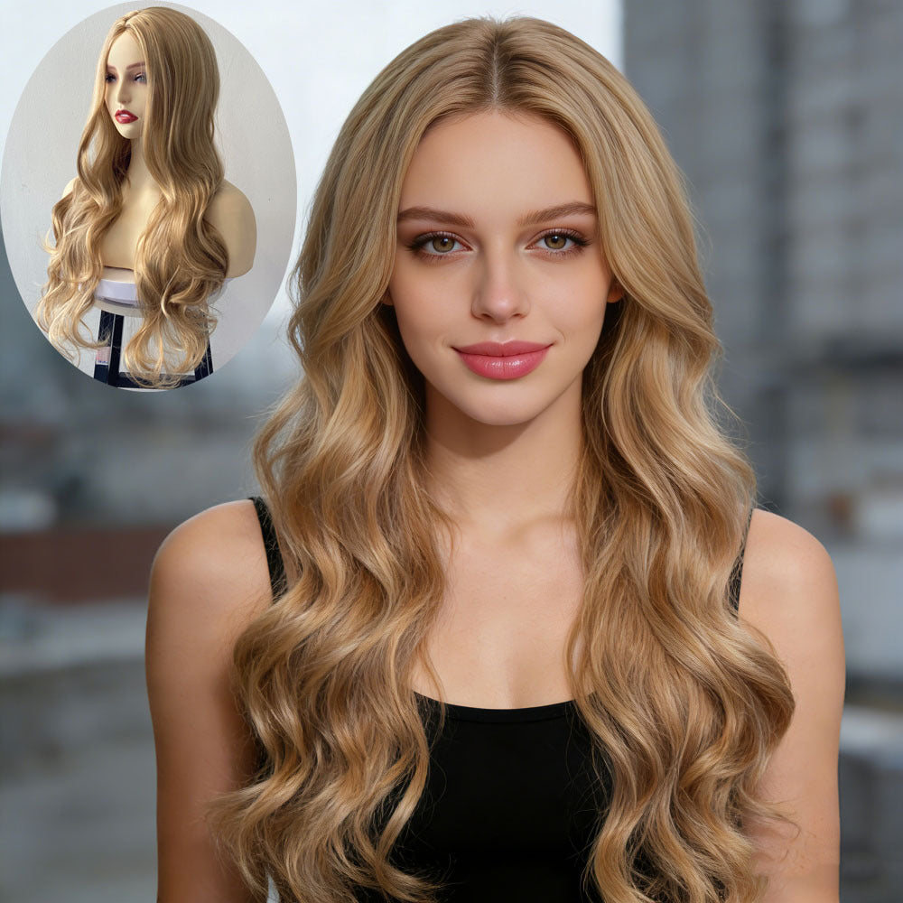 Long Curly Synthetic Wigs in golden blonde heat-resistant fiber, with a center part and long, loose waves.