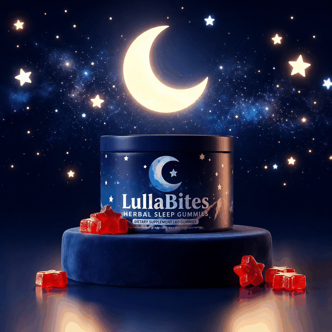 Lulla Bites Sleep Gummies in a dark blue cylindrical tin with crescent moon and star graphics, shown with red gummies.