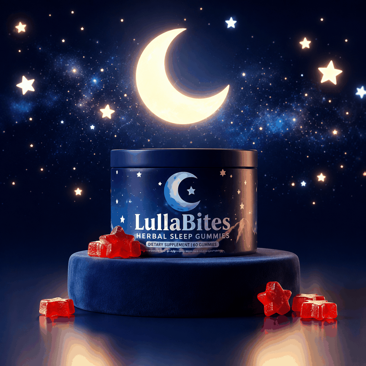 Lulla Bites Sleep Gummies in a dark blue cylindrical tin with crescent moon and star graphics, shown with red gummies.