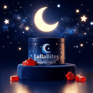 Lulla Bites Sleep Gummies in a dark blue cylindrical tin with crescent moon and star graphics, shown with red gummies.