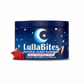 Lulla Bites Sleep Gummies in a navy blue star-patterned tin with a crescent moon and red strawberry star gummies