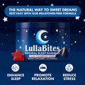 Lulla Bites Sleep Gummies in a navy starry jar with a crescent moon, red strawberry-shaped gummies, and sleep wellness claims