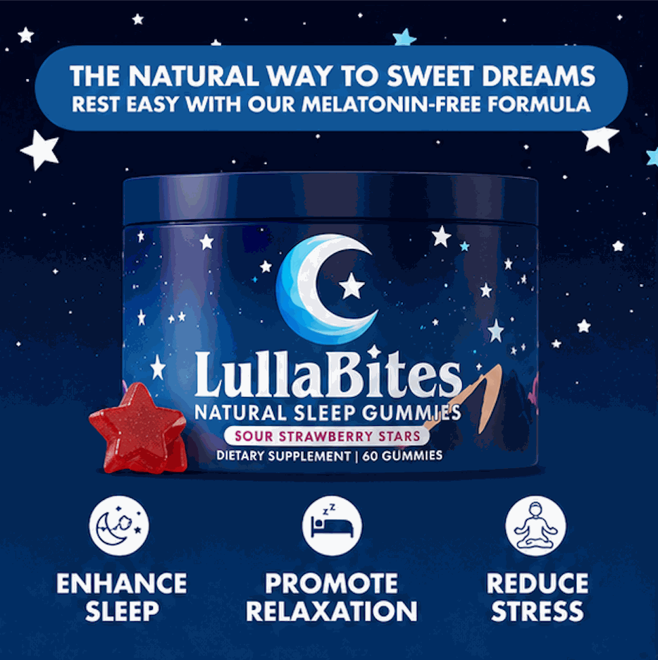 Lulla Bites Sleep Gummies in a navy starry jar with a crescent moon, red strawberry-shaped gummies, and sleep wellness claims