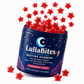 Lulla Bites Sleep Gummies in a navy starry tin with red strawberry-flavored star-shaped gummies and moon artwork