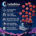Lulla Bites Sleep Gummies shown with red star-shaped gummies and a navy tub featuring moon and star graphics