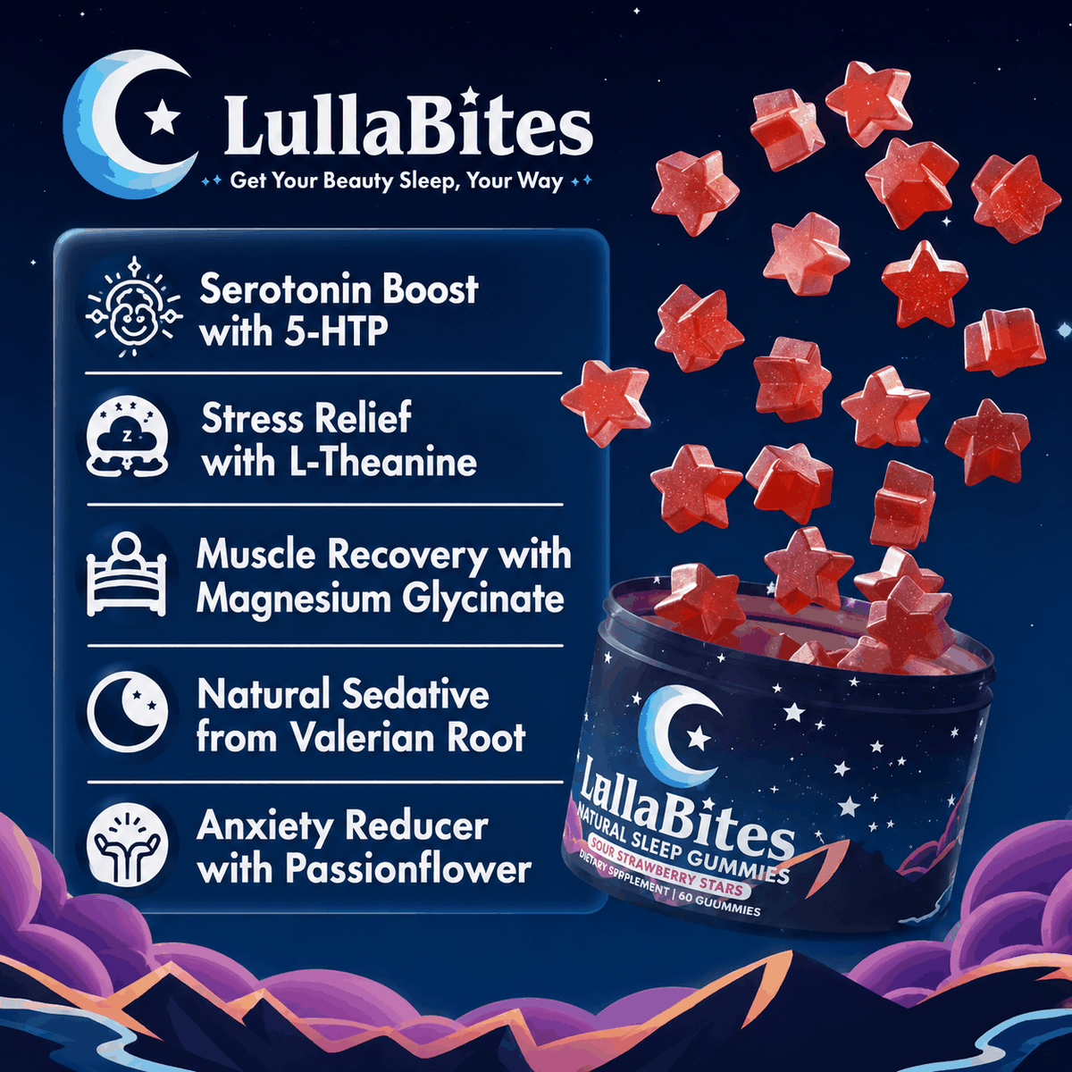 Lulla Bites Sleep Gummies shown with red star-shaped gummies and a navy tub featuring moon and star graphics