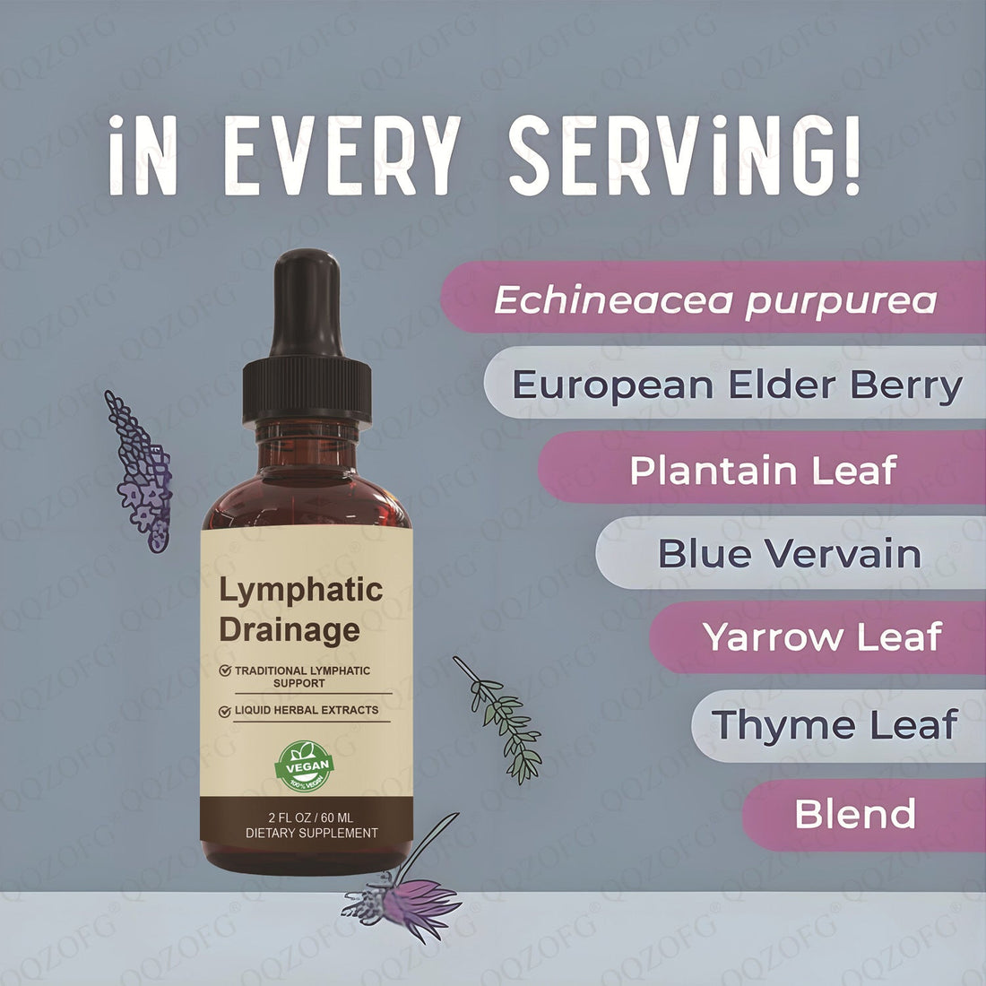 Lymph Drops in an amber glass bottle with black dropper cap and beige label reading “Lymphatic Drainage” herbal supplement