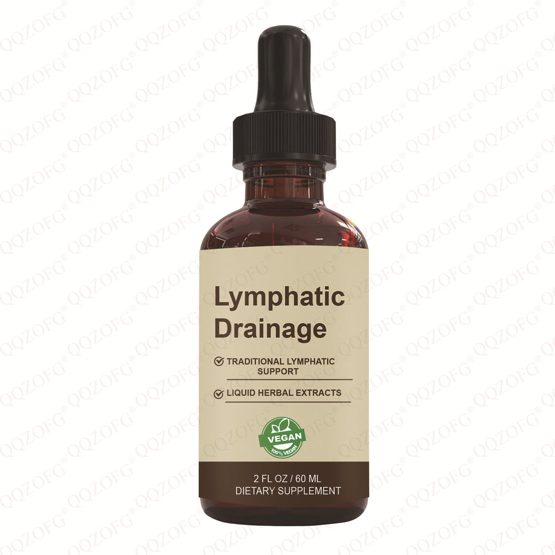Lymph Drops in an amber glass bottle with black dropper cap and beige label reading “Lymphatic Drainage” herbal supplement
