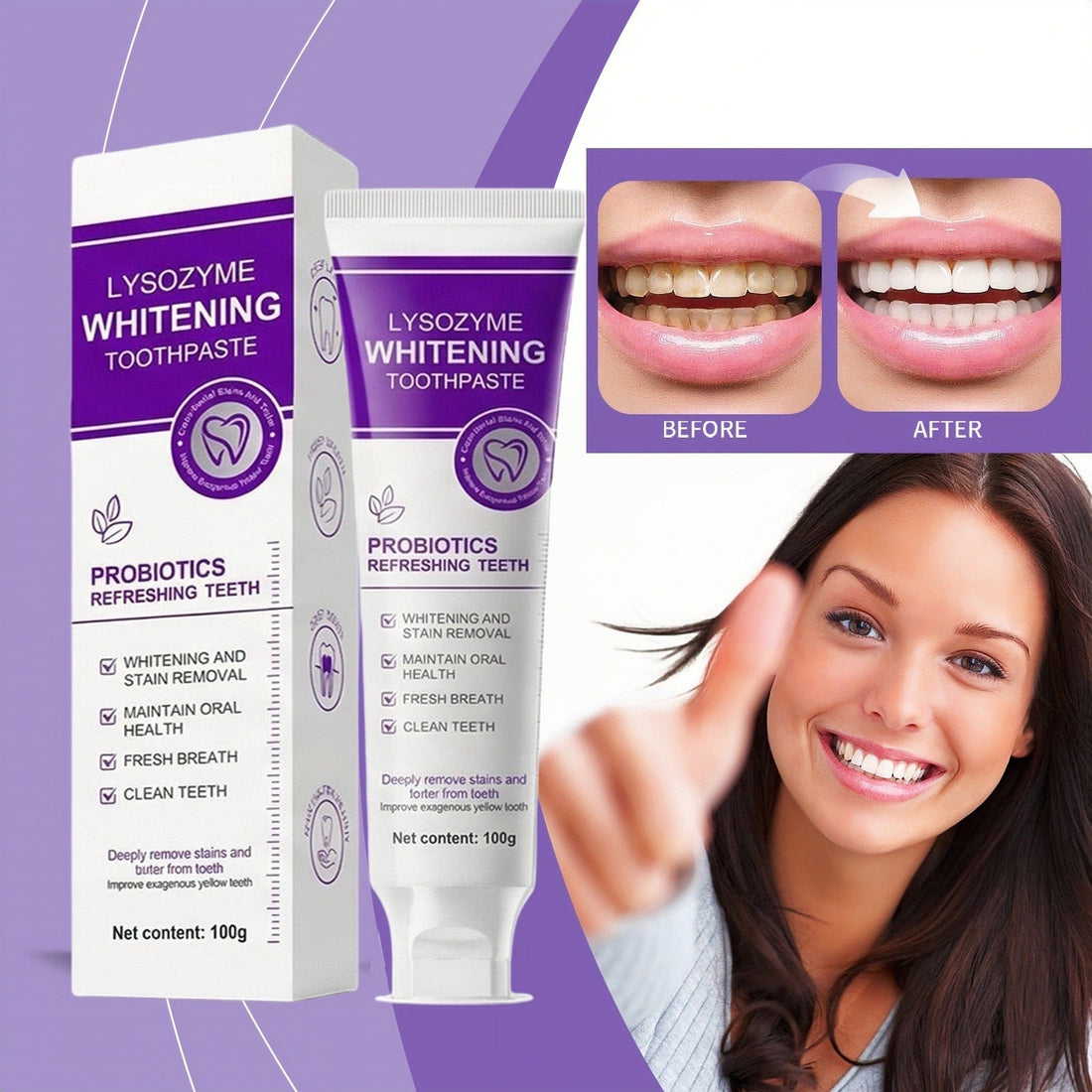 Lysozyme Whitening Toothpaste in a white tube and matching carton, both with purple labels and dental graphics.