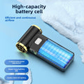 M18 Turbo Electric Hand Fan with black housing, gold-edged circular nozzle, and a transparent blue battery cell