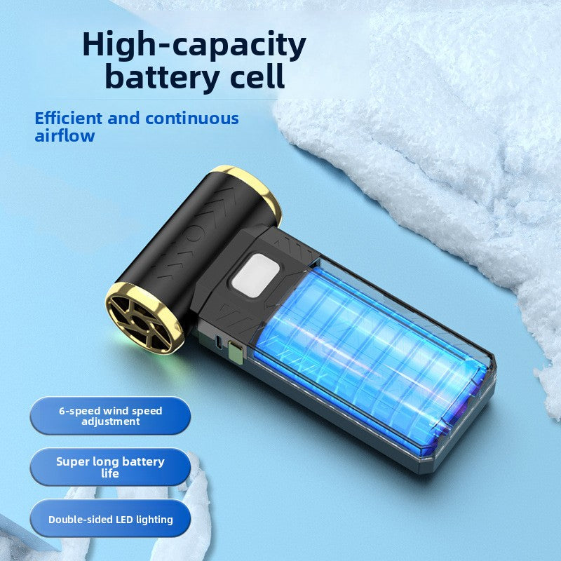 M18 Turbo Electric Hand Fan with black housing, gold-edged circular nozzle, and a transparent blue battery cell