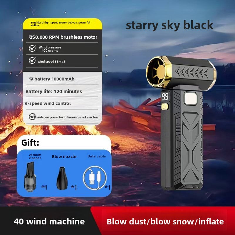 M18 Turbo Electric Hand Fan in black and gold, with a handheld grip, digital display and interchangeable blower accessories