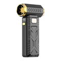 M18 Turbo Electric Hand Fan in black with gold trim, a textured handheld body, digital display and leafless fan head.