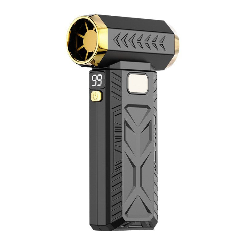 M18 Turbo Electric Hand Fan in black with gold trim, a textured handheld body, digital display and leafless fan head.