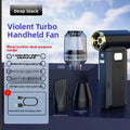 M18 Turbo Electric Hand Fan in deep black with a ribbed handheld body, digital display and vacuum nozzle attachments