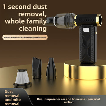 M18 Turbo Electric Hand Fan, a black and gold handheld vacuum blower with clear dust chamber and detachable nozzles.