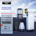 M18 Turbo Electric Hand Fan in white with a gold-rimmed circular outlet, digital display, and interchangeable attachments
