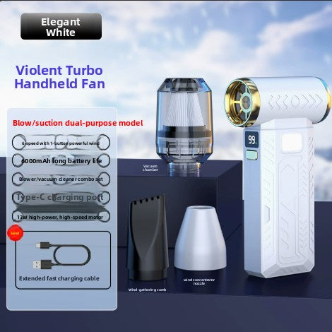 M18 Turbo Electric Hand Fan in white with a gold-rimmed circular outlet, digital display, and interchangeable attachments