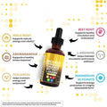 Maca Root Liquid Drops in an amber glass bottle with a black dropper cap and a colorful label listing botanical ingredients