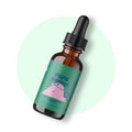Maca Root Liquid Drops in an amber glass bottle with black dropper and teal label featuring a pink cartoon character