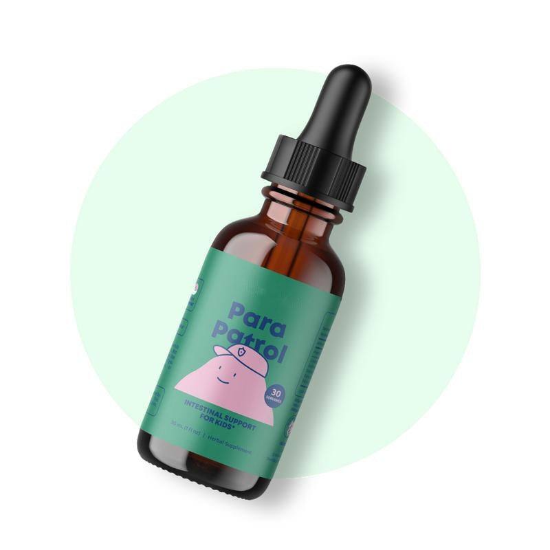 Maca Root Liquid Drops in an amber glass bottle with black dropper and teal label featuring a pink cartoon character