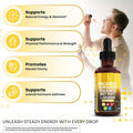 Maca Root Liquid Drops in an amber glass bottle with a black dropper and yellow label featuring botanical ingredients