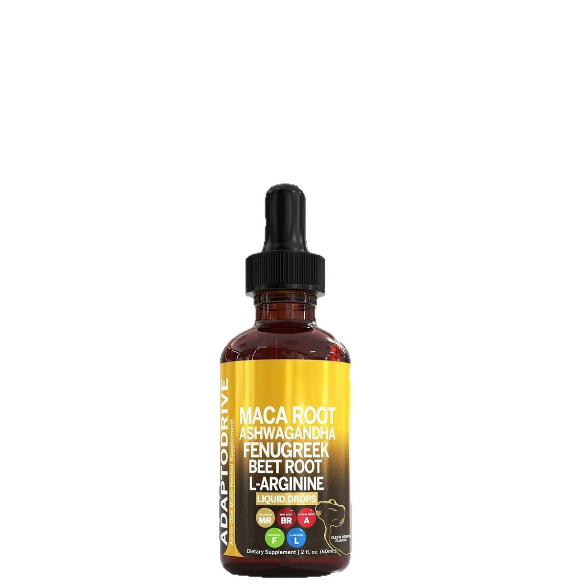 Maca Root Liquid Drops in an amber glass bottle with a black dropper and bright yellow label listing botanical ingredients