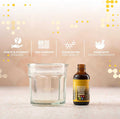 Maca Root Liquid Drops in a small amber glass bottle with a dark label, shown beside a clear glass of water