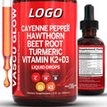 Maca Root Liquid Drops in a dark amber bottle with a black dropper and bright red label listing herbal extracts and vitamins