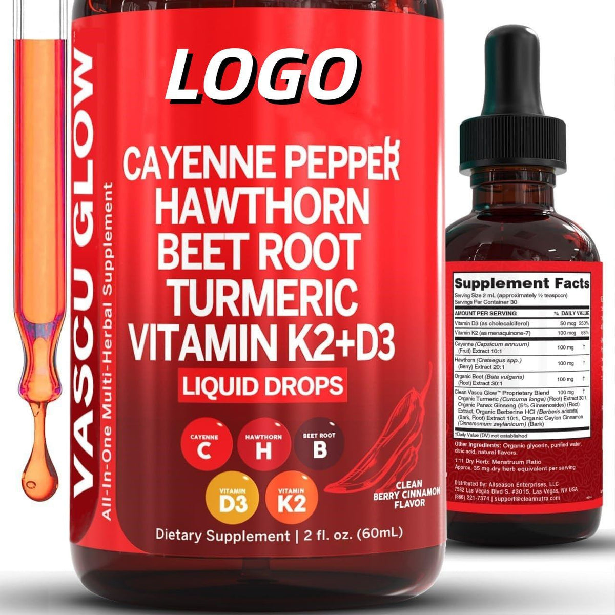 Maca Root Liquid Drops in a dark amber bottle with a black dropper and bright red label listing herbal extracts and vitamins