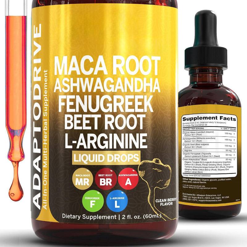 Maca Root Liquid Drops in a dark amber glass bottle with a black dropper and bold yellow label listing herbal ingredients.
