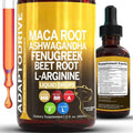 Maca Root Liquid Drops in a dark amber glass bottle with a black dropper and bold yellow label listing herbal ingredients.