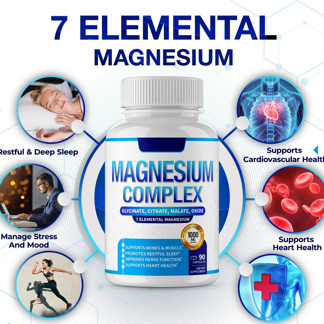 Magnesium Complex 1000mg supplement in a white bottle with blue label, showing 90 capsules and a magnesium blend.