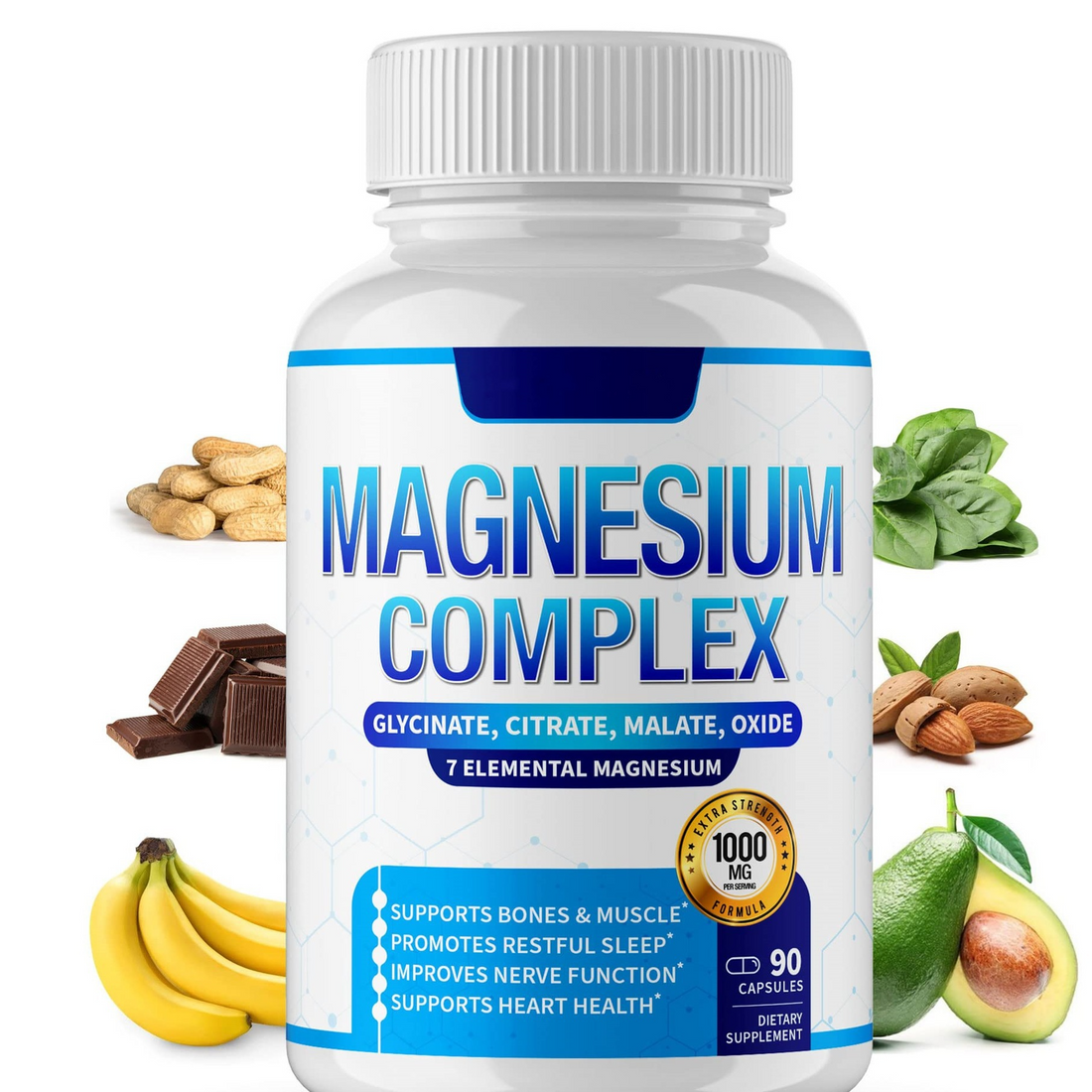 Magnesium Complex 1000mg supplement in a white bottle with blue label, showing 90 capsules and a magnesium blend.