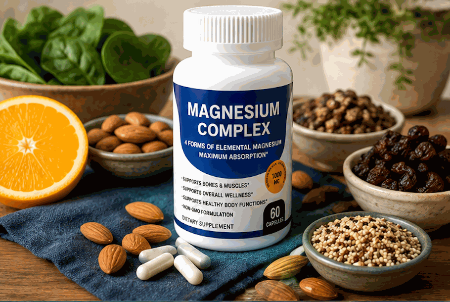 Magnesium Complex Capsules in a white bottle with a blue label, shown with 60 capsules and a ribbed white cap