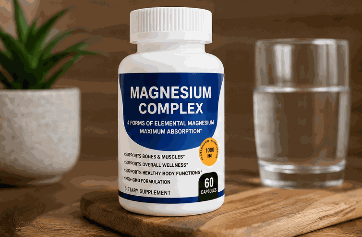 Magnesium Complex Capsules in a white bottle with a navy label, orange badge, and 60-capsule count