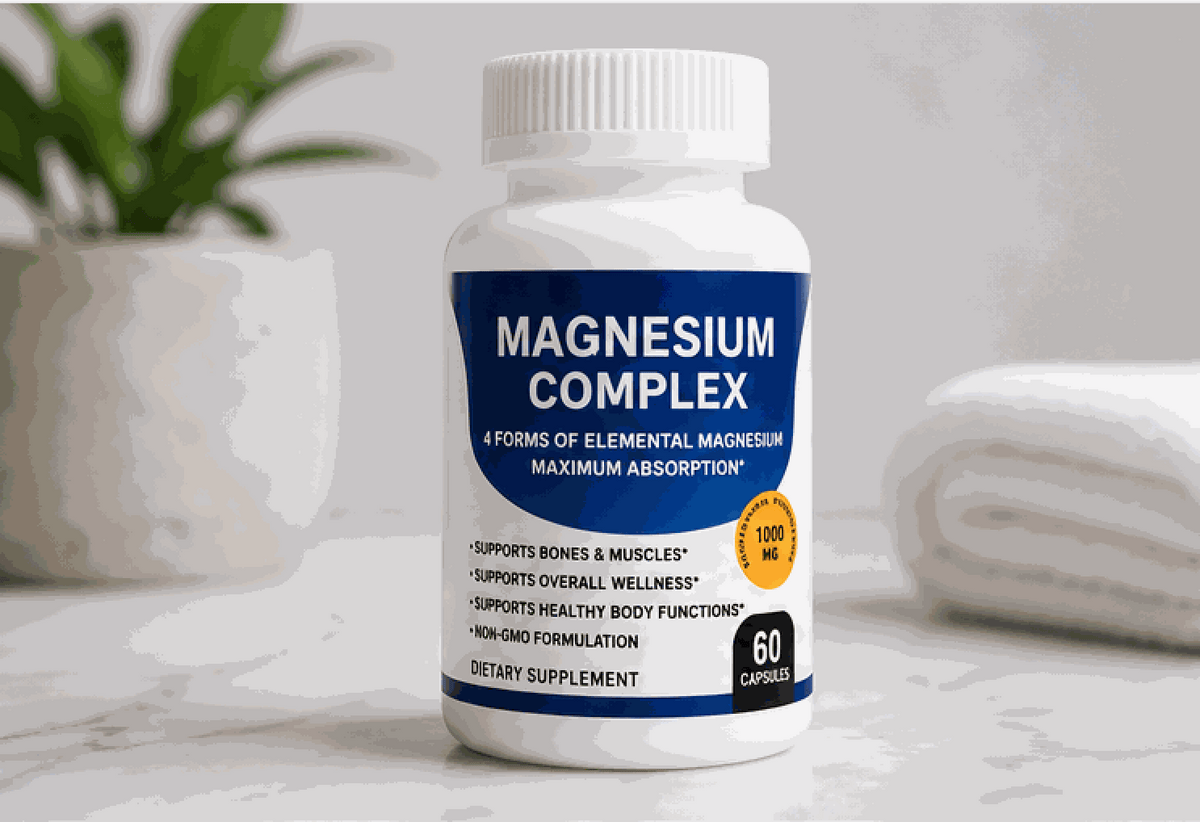 Magnesium Complex Capsules in a white bottle with a navy label, orange badge and 60-capsule count