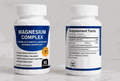 Magnesium Complex Capsules in white bottles with dark blue labels, showing front branding and supplement facts panels