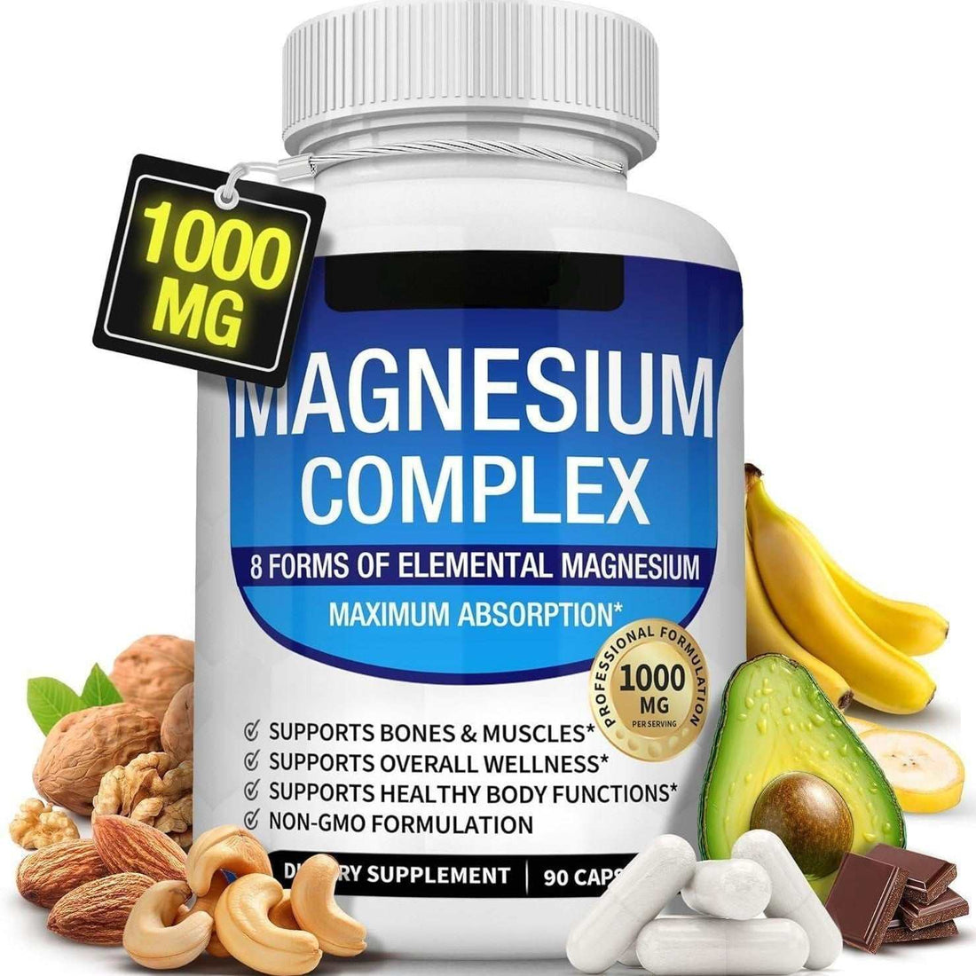 Magnesium Glycinate Magnesium Malate capsules in a white bottle with blue label, marked 1000 mg and 90 capsules