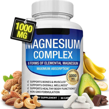 Magnesium Glycinate Magnesium Malate capsules in a white bottle with blue label, marked 1000 mg and 90 capsules