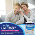 Magnesium Glycinate Magnesium Malate capsules in a white bottle with a blue label marked magnesium complex and 90 capsules