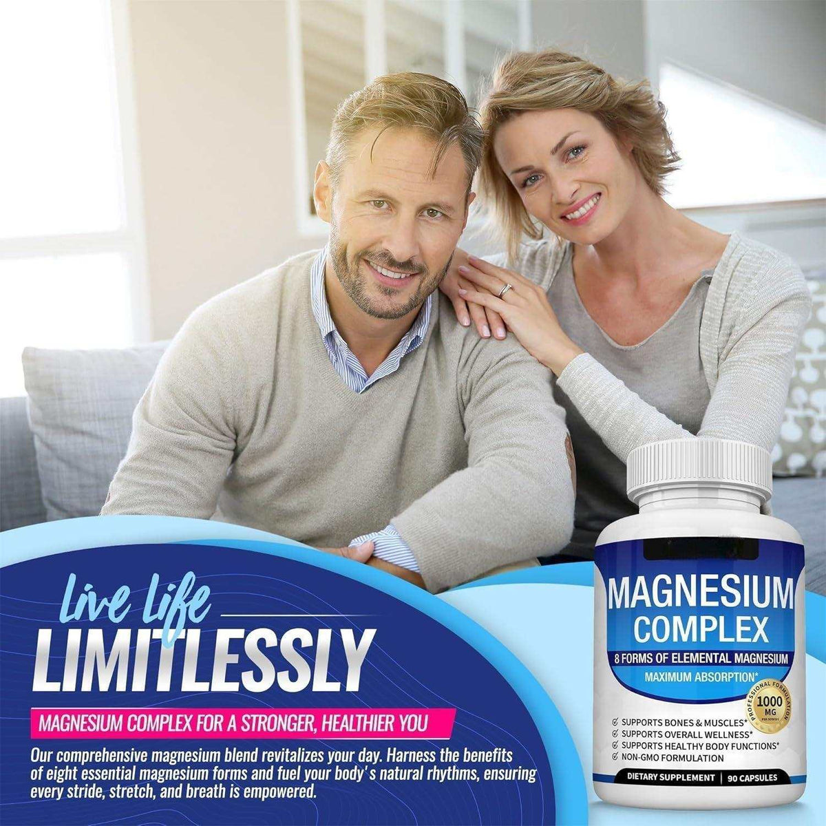 Magnesium Glycinate Magnesium Malate capsules in a white bottle with a blue label marked magnesium complex and 90 capsules