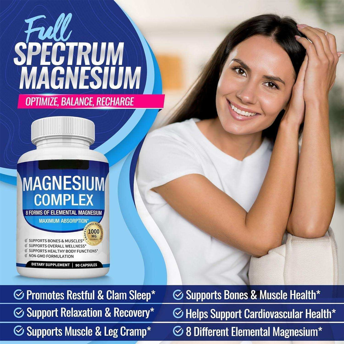 Magnesium Glycinate Magnesium Malate capsules in a white bottle with blue label, marked 1000 mg and 90 capsules