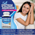 Magnesium Glycinate Magnesium Malate supplement bottle with blue label, white cap and 90 capsules, shown beside a smiling woman