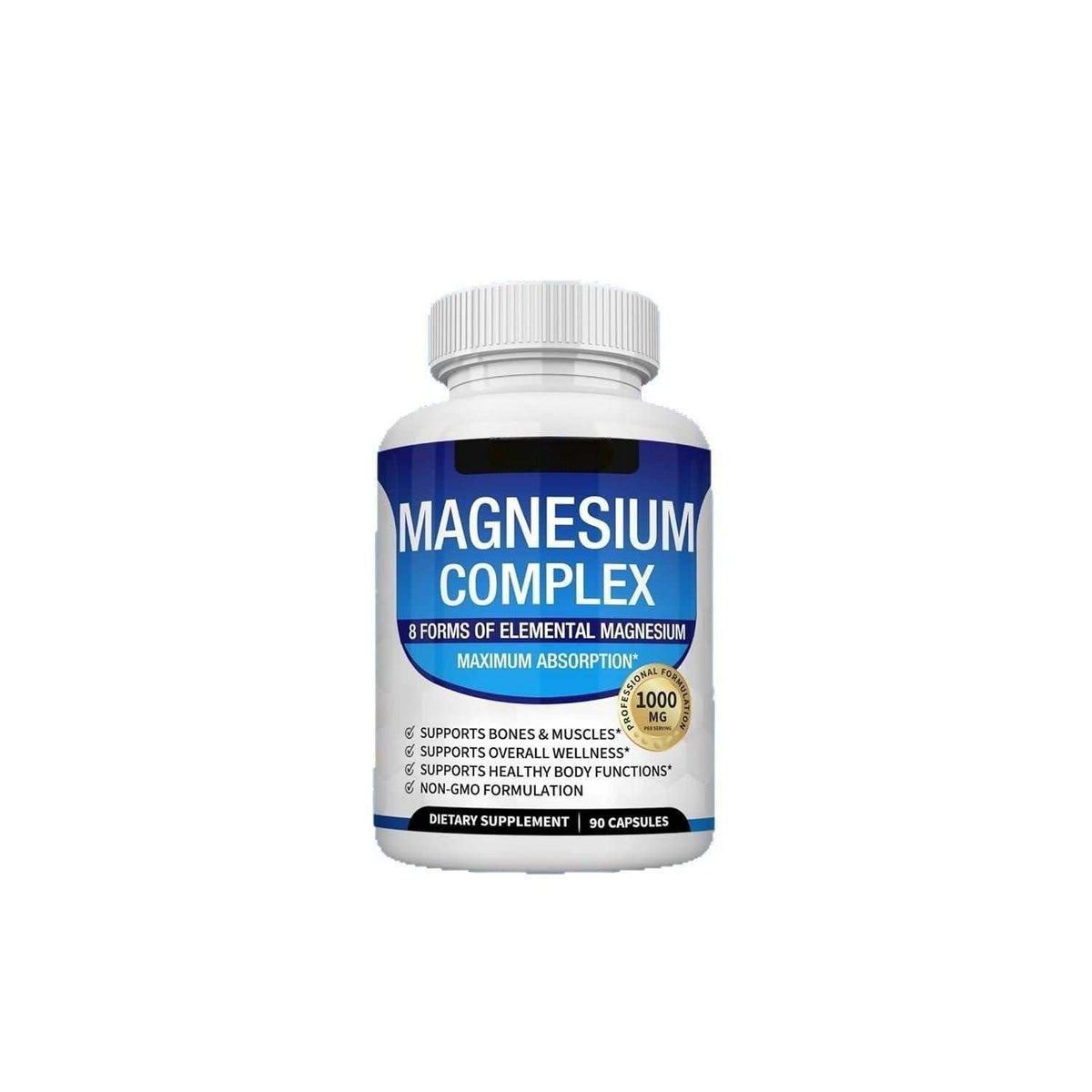Magnesium Glycinate Magnesium Malate capsules in a white bottle with a blue label marked magnesium complex and 90 capsules