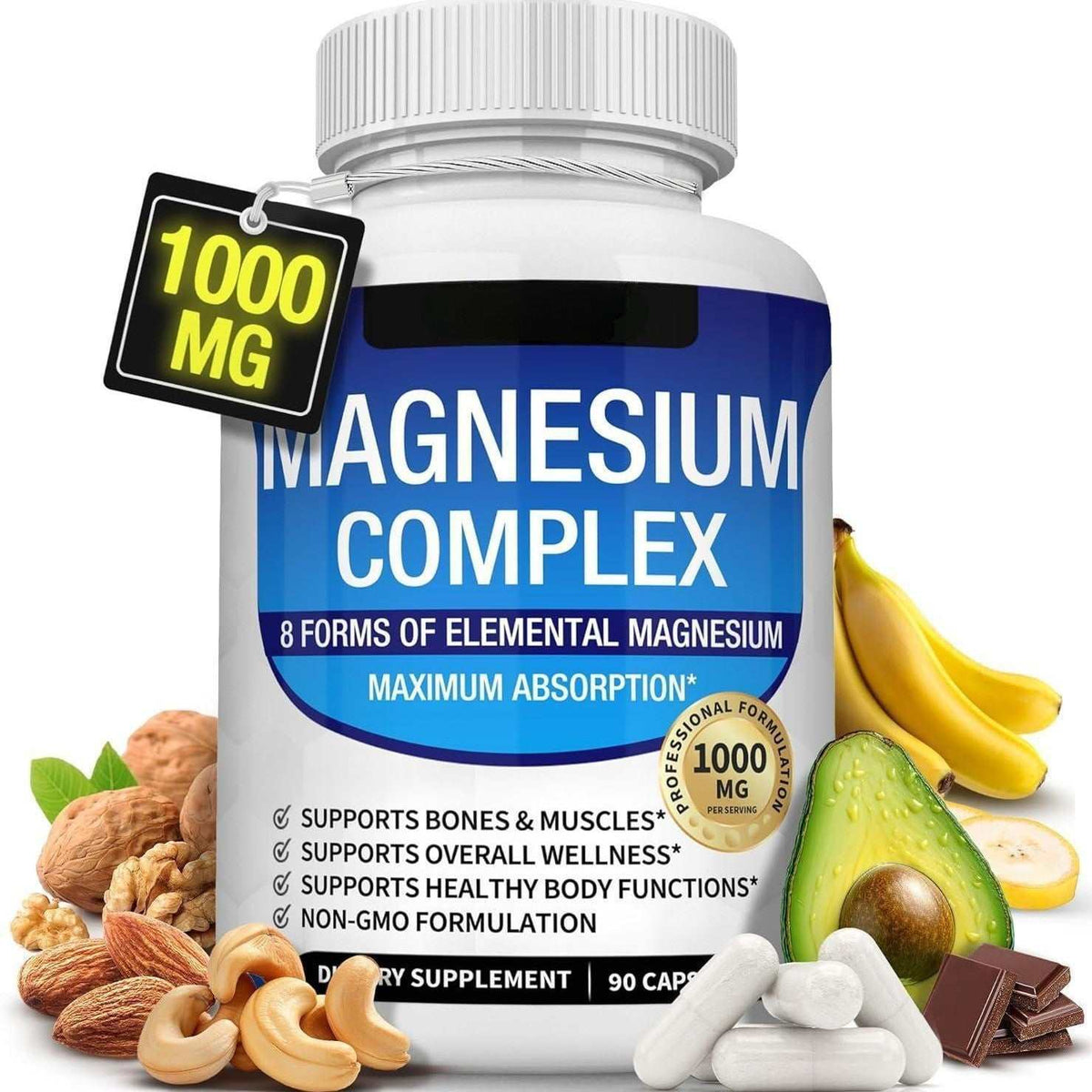 Magnesium Glycinate Magnesium Malate capsules in a white bottle with blue label, marked 1000 mg and 90 capsules