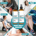 Magnesium Oil body care set with two amber spray bottles, white labels and black pump tops featuring teal lettering.