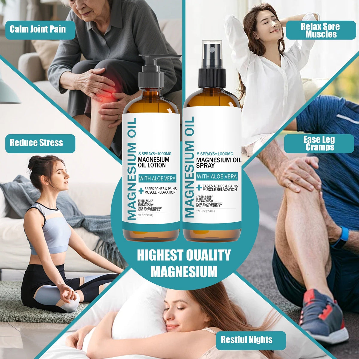 Magnesium Oil body care set with two amber spray bottles, white labels and black pump tops featuring teal lettering.